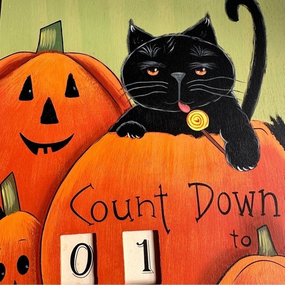 Handpainted Halloween Count Down Wooden Hanging Sign with Pumpkins and Cat - Picture 7 of 10